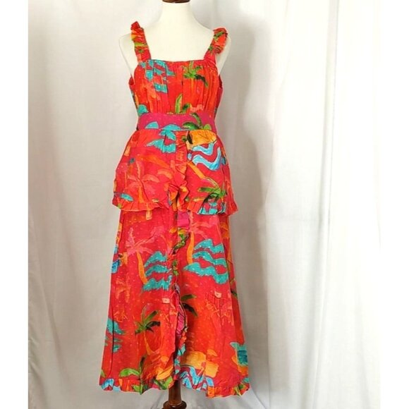 FARM Rio Midi Dress XL Red Ipanema Ruffle Sleeveless Tropical Resortwear - Picture 4 of 15
